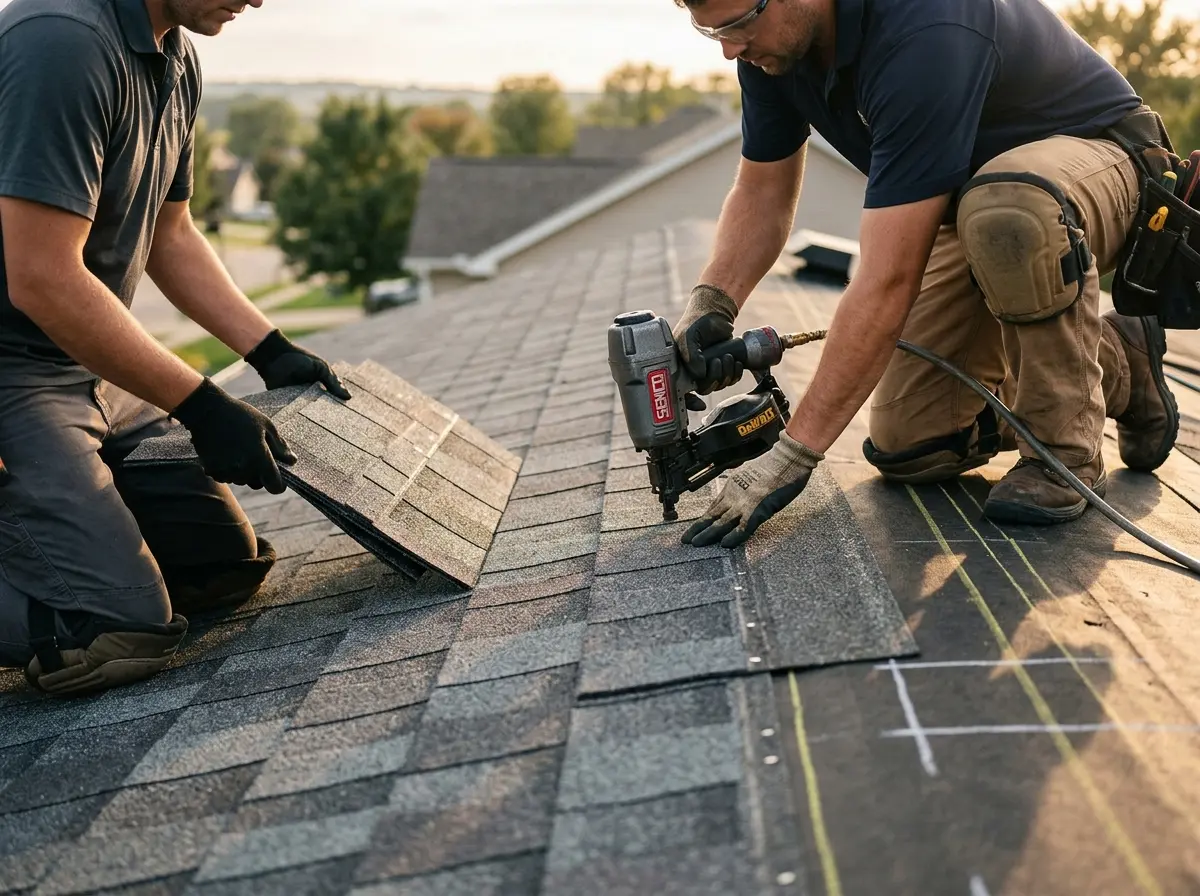 Professional roofer working on a residential roof in Fort Lee